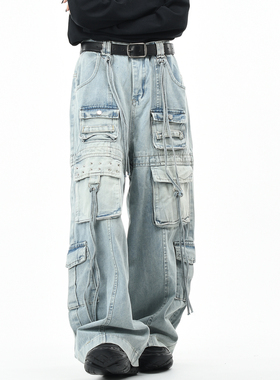 OV原创美式重工设计感多口袋工装水洗牛仔裤男女宽松阔腿飘带长裤