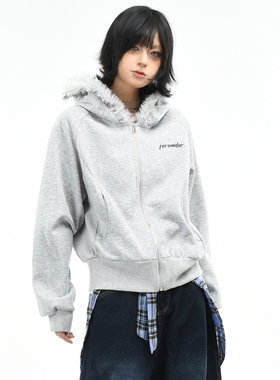 OV原创美式复古毛领设计拉链外套女秋季宽松休闲短款开衫连帽卫衣