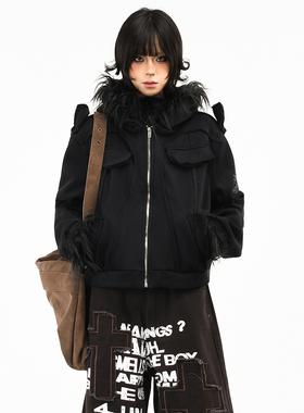 OV原创美式轻亚风毛领连帽加绒卫衣女冬季修身短款开衫保暖外套潮