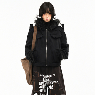 OV原创美式轻亚风毛领连帽加绒卫衣女冬季修身短款开衫保暖外套潮