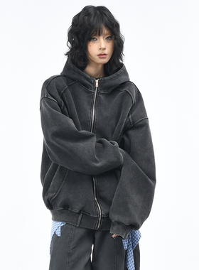 OV原创美式复古立体剪裁做旧水洗连帽卫衣女秋季宽松休闲开衫外套