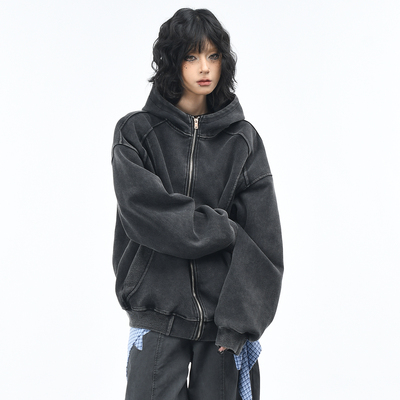 原创美式复古立体剪裁连帽卫衣潮