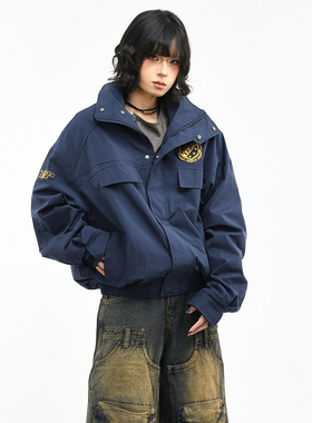 OV原创美式复古徽章刺绣工装外套女春季宽松痞帅廓形休闲夹克男潮