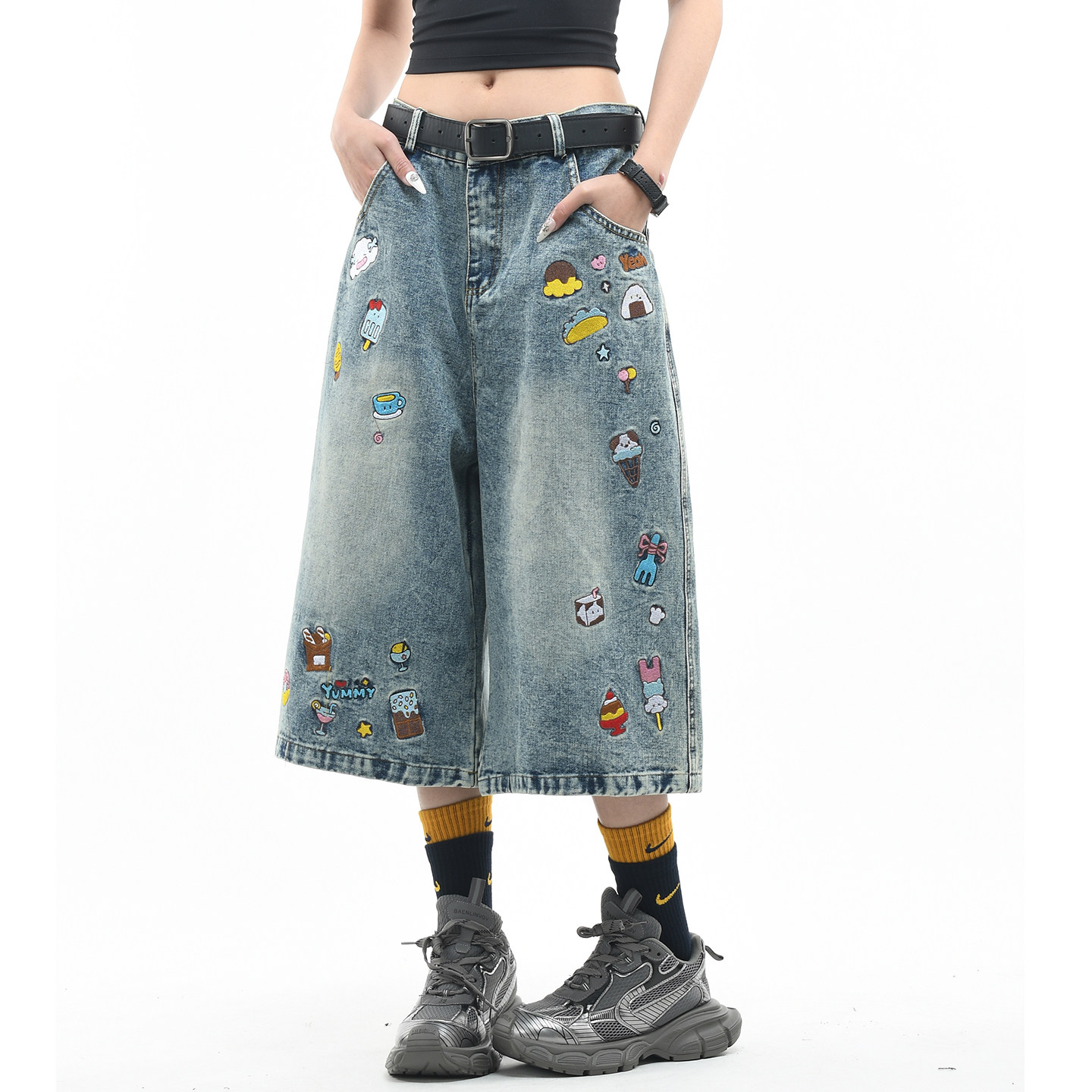 OV原创美式复古趣味甜品刺绣牛仔七分裤女夏季宽松阔腿情侣短款男