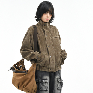 型夹克上衣潮 短宽boxy版 OV原创美式 复古廓形巴恩风立领外套女秋季