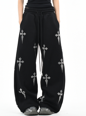 OV原创美式嘻哈风十字架烫钻运动裤男女宽松直筒设计感情侣休闲裤