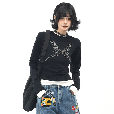 长袖美式蝴蝶刺绣假两件拼接T恤