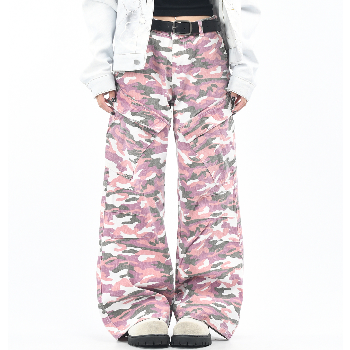 原创美式粉色迷彩大口袋工装裤潮