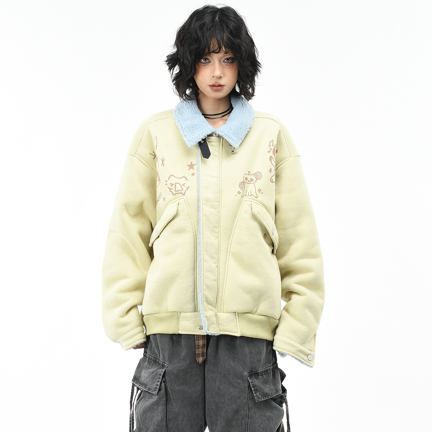 原创美式卡通印花羊羔毛翻领棉服