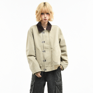 休闲外套男潮 宽松短款 OV原创复古老钱风金属扣设计工装 夹克女春季