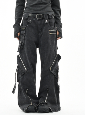 OV原创美式废土风重工多口袋拉链工装牛仔裤男女宽松bf拖地长裤潮