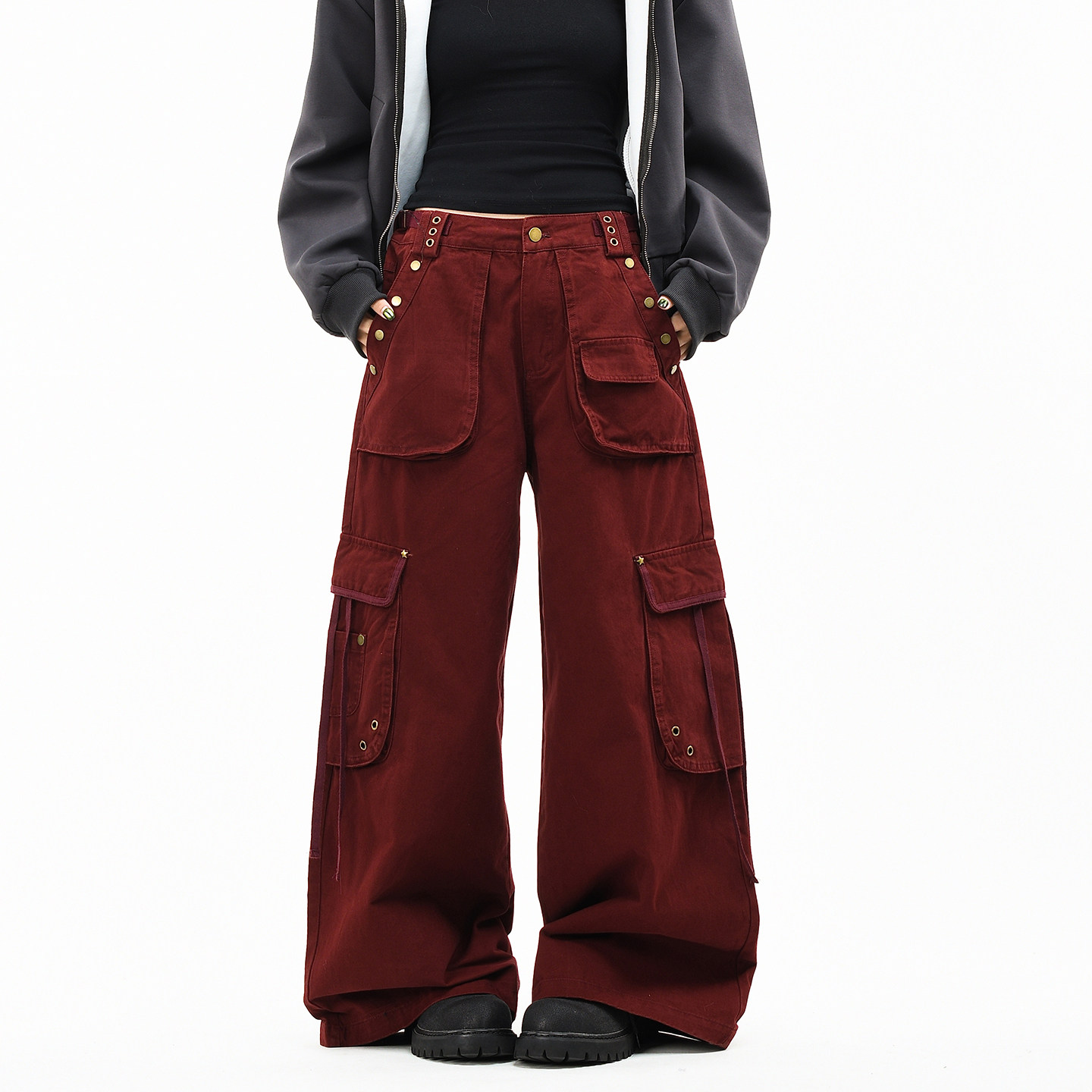 OV原创美式铆钉设计做旧水洗工装裤男女宽松阔腿多口袋休闲长裤潮,女装/女士精品,休闲裤,淘宝优惠券,粉丝福利购,淘宝优惠卷