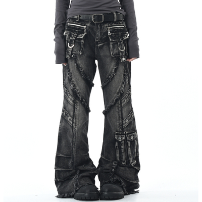 微喇叭长裤美式做旧毛边牛仔裤潮