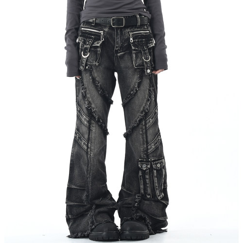 微喇叭长裤美式做旧毛边牛仔裤潮