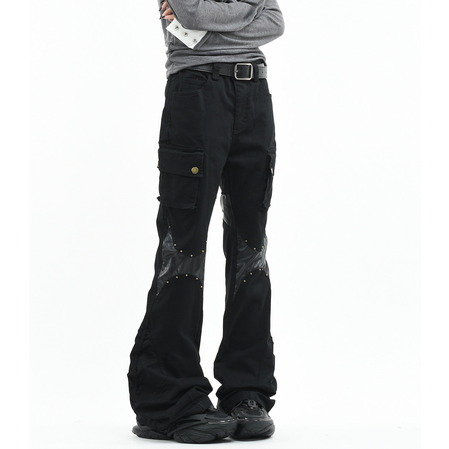 OV原创美式朋克风多口袋工装裤男女修身直筒铆钉设计微喇叭休闲裤