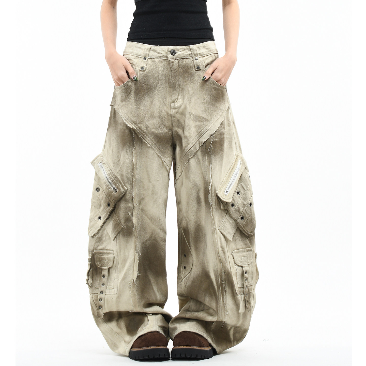 OV原创美式复古喷墨脏染做旧弯刀休闲裤男女宽松阔腿多口袋工装裤,女装/女士精品,休闲裤,淘宝优惠券,粉丝福利购,淘宝优惠卷