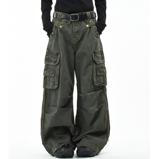 OV原创美式 裤 男女褶皱宽松阔腿休闲长裤 子 复古做旧水洗多口袋工装