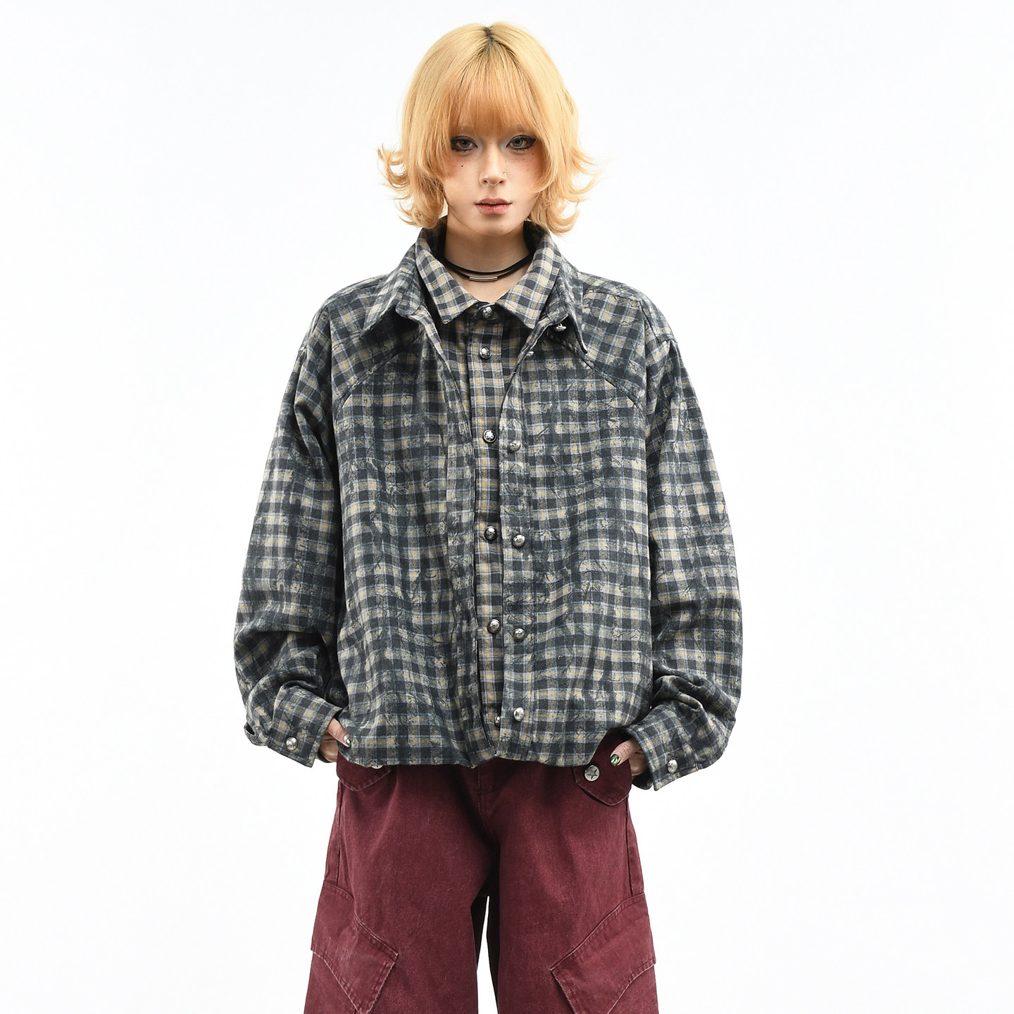 OV原创复古格子做旧扎染双门襟短外套女春季宽松假两件拼接夹克男,女装/女士精品,短外套,淘宝优惠券,粉丝福利购,淘宝优惠卷