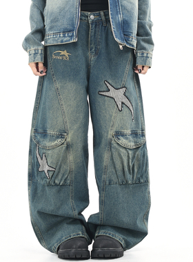 OV原创美式星星刺绣做旧多口袋工装牛仔裤男女街头宽松阔腿长裤子