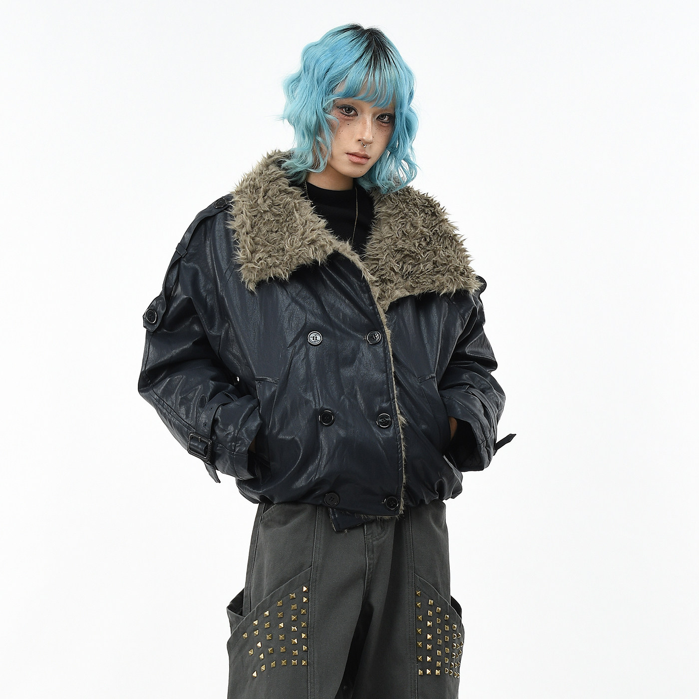 原创美式复古廓形毛领PU皮棉服潮