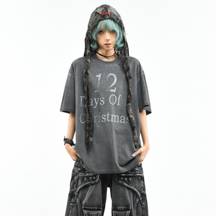 宽松vintage街头风上衣潮 T恤男女夏季 OV原创美式 复古做旧染色短袖