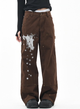 OV原创美式复古人像印花水洗工装裤男女宽松直筒解构拼接休闲长裤