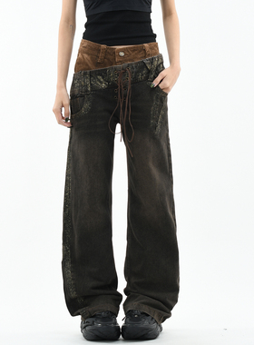 OV原创美式亚文化双腰头刷金做旧牛仔裤女街头绑带设计直筒长裤子