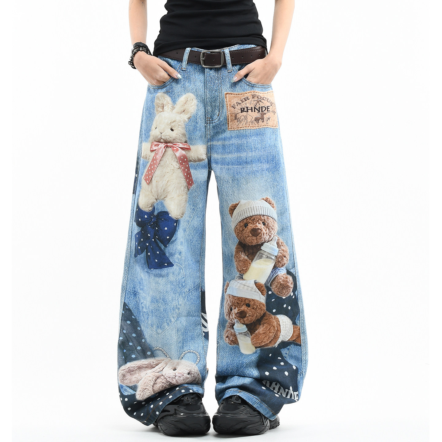 OV原创趣味卡通小熊3D数码印花水洗牛仔裤男女宽松美式阔腿长裤子