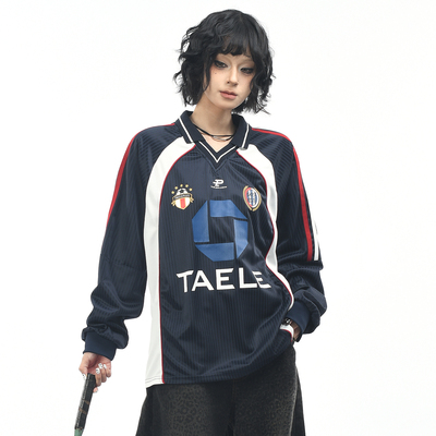 长袖美式复古V领球衣印花情侣T恤