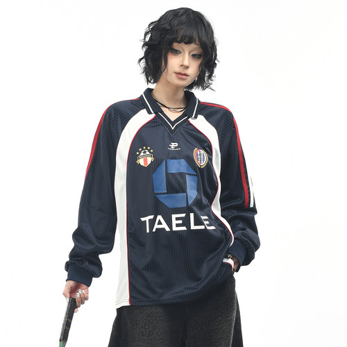 长袖美式复古V领球衣印花情侣T恤