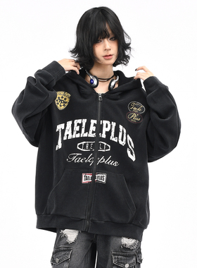 OV原创美式赛车风做旧水洗连帽卫衣男女秋季宽松休闲开衫拉链外套