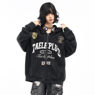 拉链外套 宽松休闲开衫 OV原创美式 赛车风做旧水洗连帽卫衣男女春季