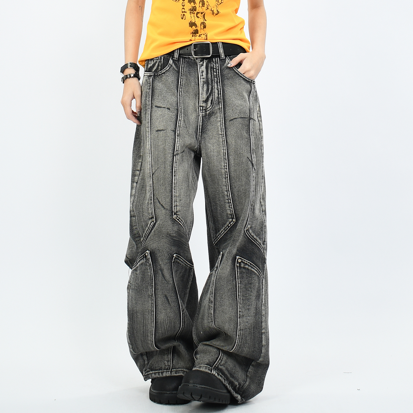 宽松长裤美式复古黑灰色牛仔裤潮