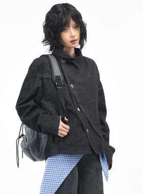 OV原创美式斜翻领剪裁设计水洗牛仔外套女秋季短款剑击服夹克男潮