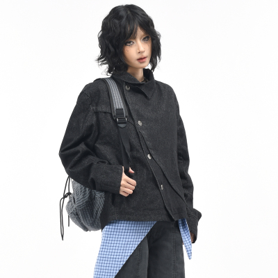 原创美式斜翻领剪裁设计水洗外套