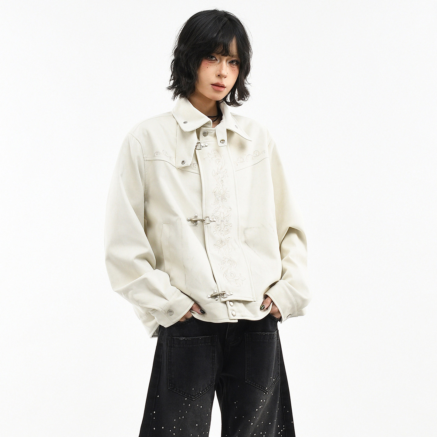 OV原创美式复古植物花卉刺绣翻领外套女春季宽松短款飞机扣夹克男