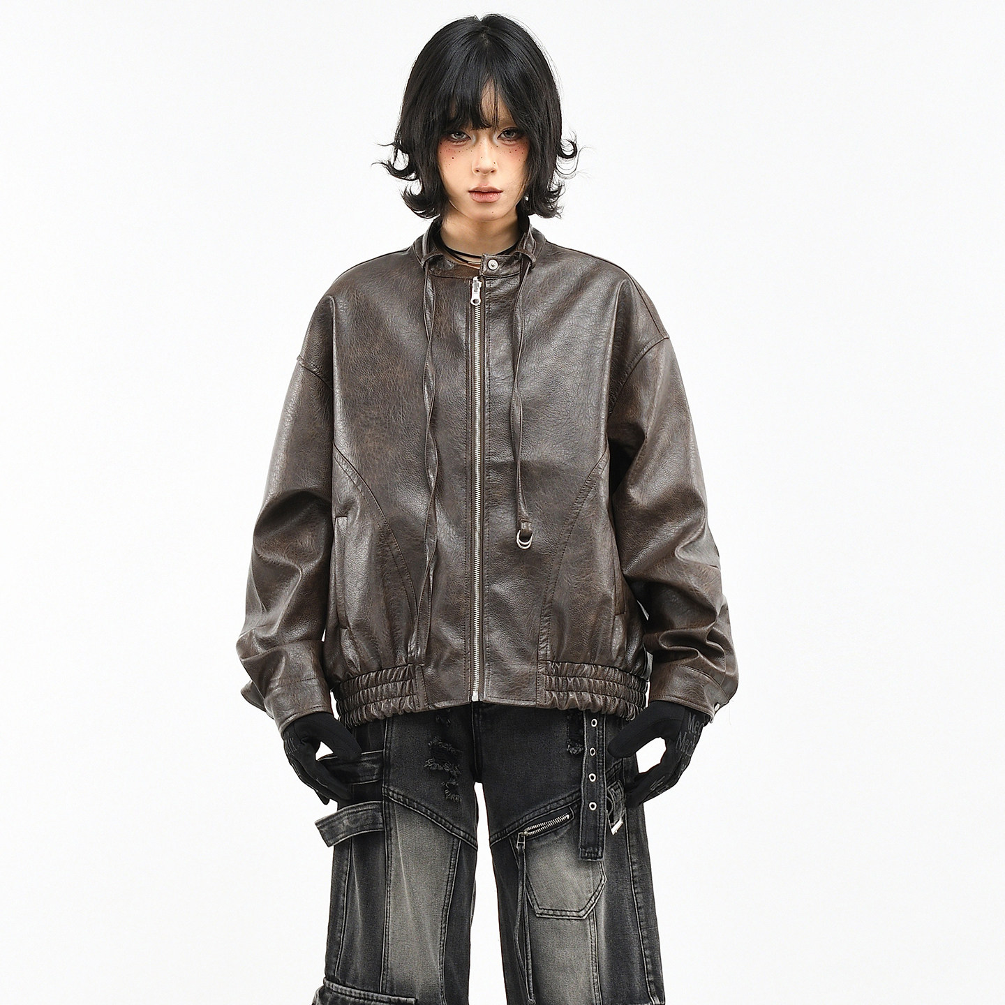 OV原创美式复古做旧水洗立领PU皮衣外套女春季宽松机车痞帅夹克男