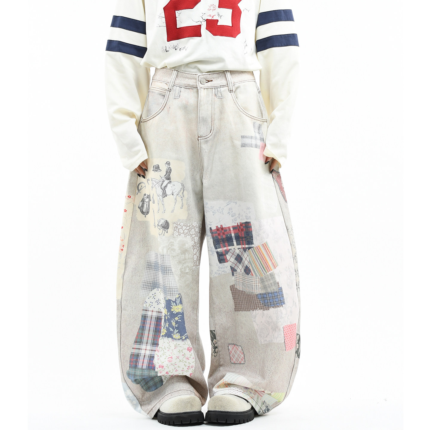 OV原创美式复古涂鸦印花水洗弯刀牛仔裤男女宽松阔腿休闲香蕉长裤,女装/女士精品,牛仔裤,淘宝优惠券,粉丝福利购,淘宝优惠卷