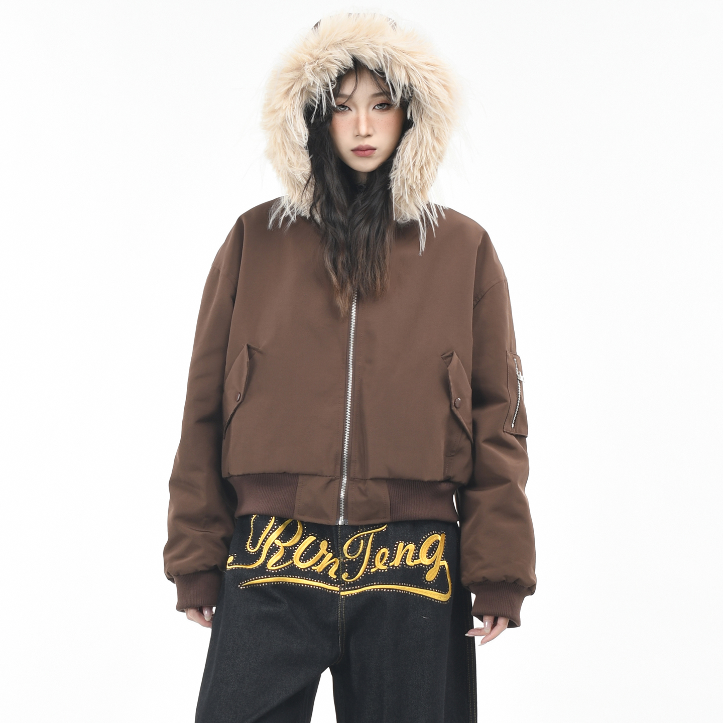 原创美式复古毛领连帽保暖棉服潮