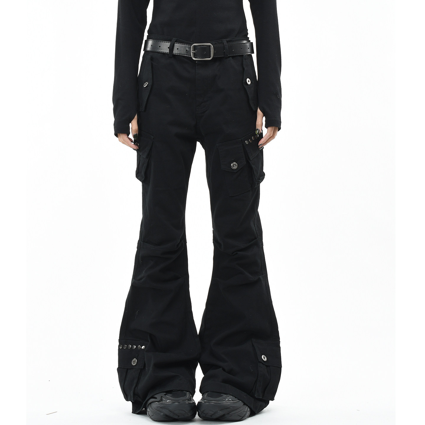 OV原创美式朋克亚文化多口袋工装裤男女铆钉设计修身微喇叭长裤潮