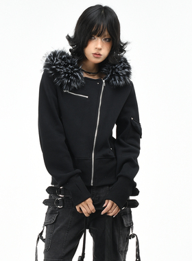 OV原创美式斜襟设计毛领连帽加绒卫衣女冬季修身短款显瘦开衫外套