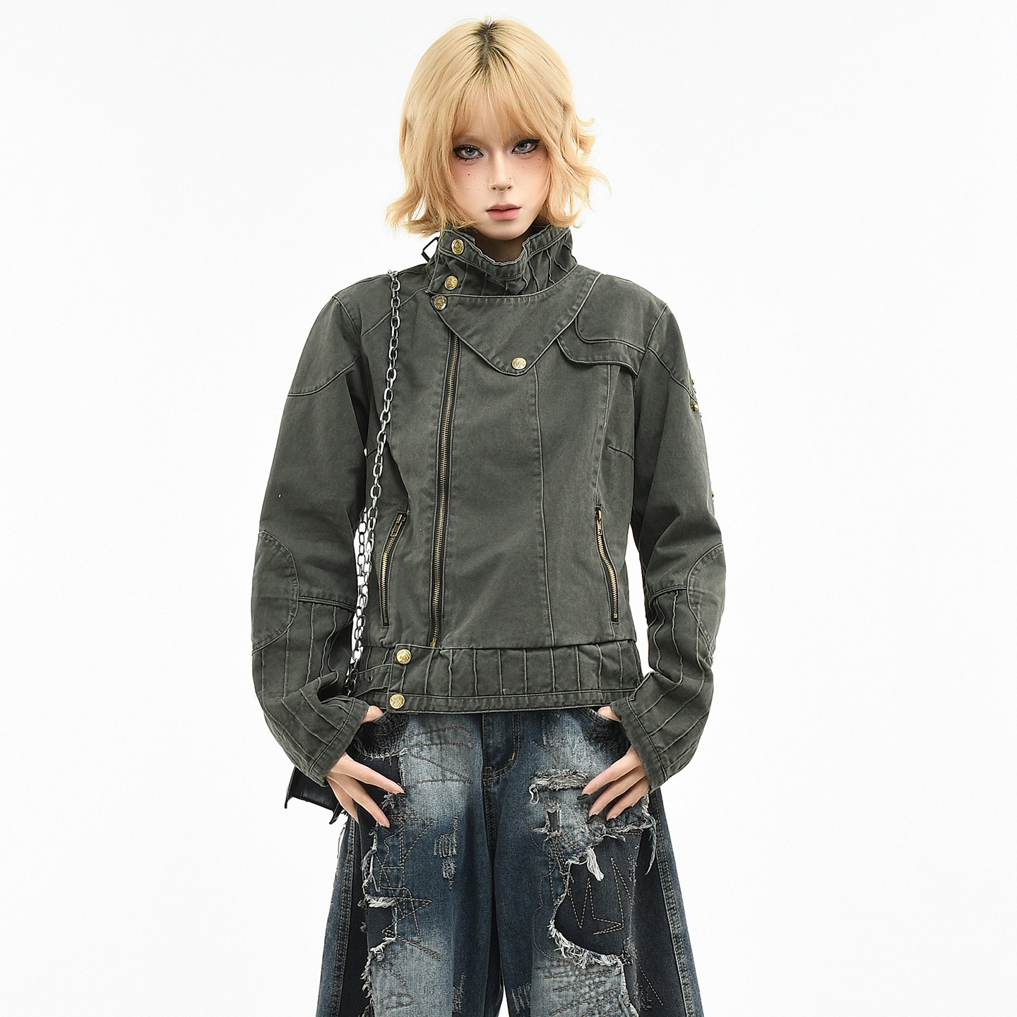 OV原创美式朋克铆钉做旧水洗立领外套女春季亚比风短款机车夹克潮
