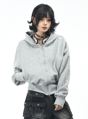 OV原创美式立体珍珠设计感短款连帽卫衣女秋季慵懒风宽松开衫外套