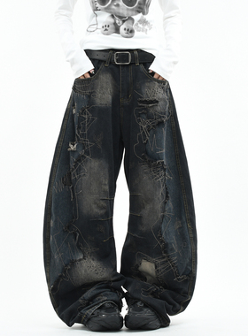 OV原创美式乱针刺绣做旧弯刀牛仔裤男女破坏拼接重磅宽松阔腿长裤