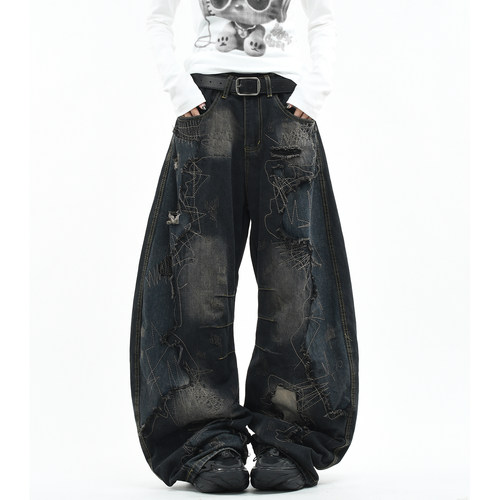 原创美式乱针刺绣做旧弯刀牛仔裤