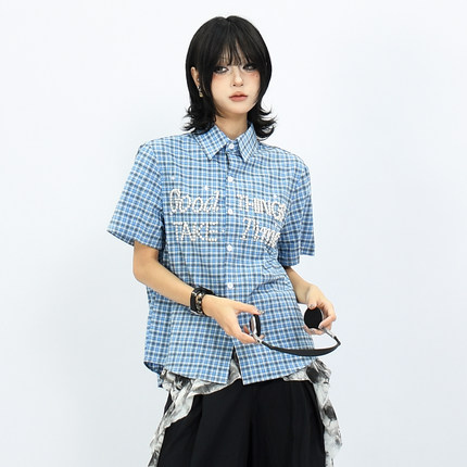 OV原创美式复古格子正肩短袖衬衫女钉珠设计感休闲短款夏季衬衣潮
