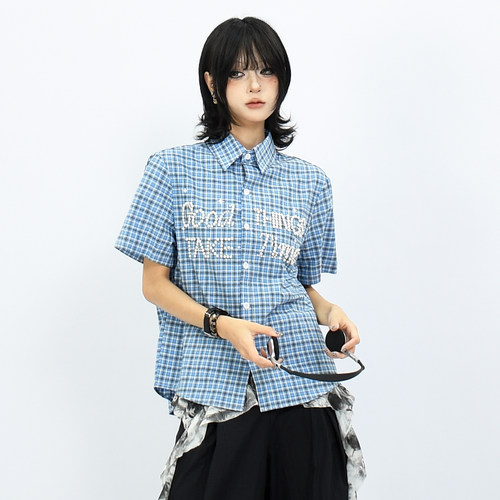 美式复古格子短款正肩短袖衬衫女