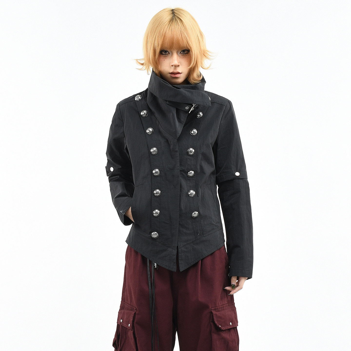 OV原创美式轻亚风金属双排扣外套女春季修身短款显瘦酷感夹克上衣