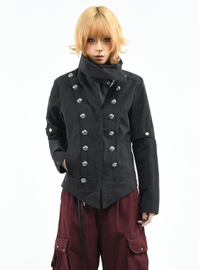 OV原创美式轻亚风金属双排扣外套女春季修身短款显瘦酷感夹克上衣