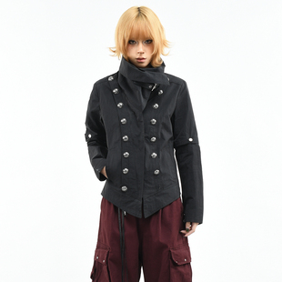 OV原创美式轻亚风金属双排扣外套女春季修身短款显瘦酷感夹克上衣